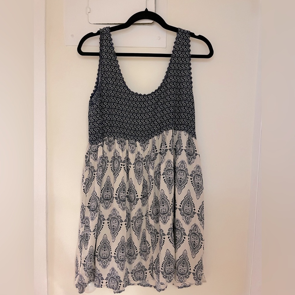 Paisley cotton navy blue dress with detailed straps.